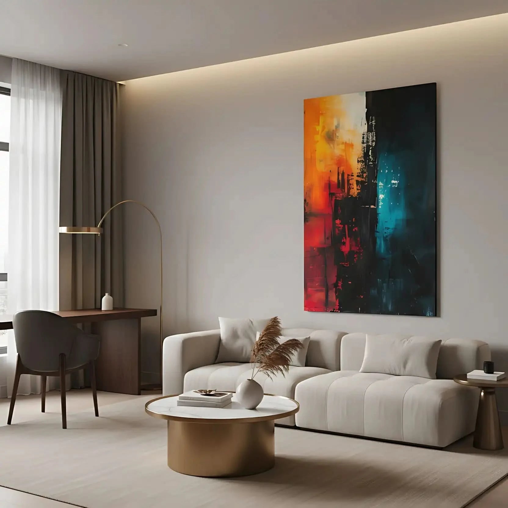 Peinture abstraite avec des éclats de couleurs chaudes et froides, créant une ambiance contrastée, idéale pour un salon moderne.