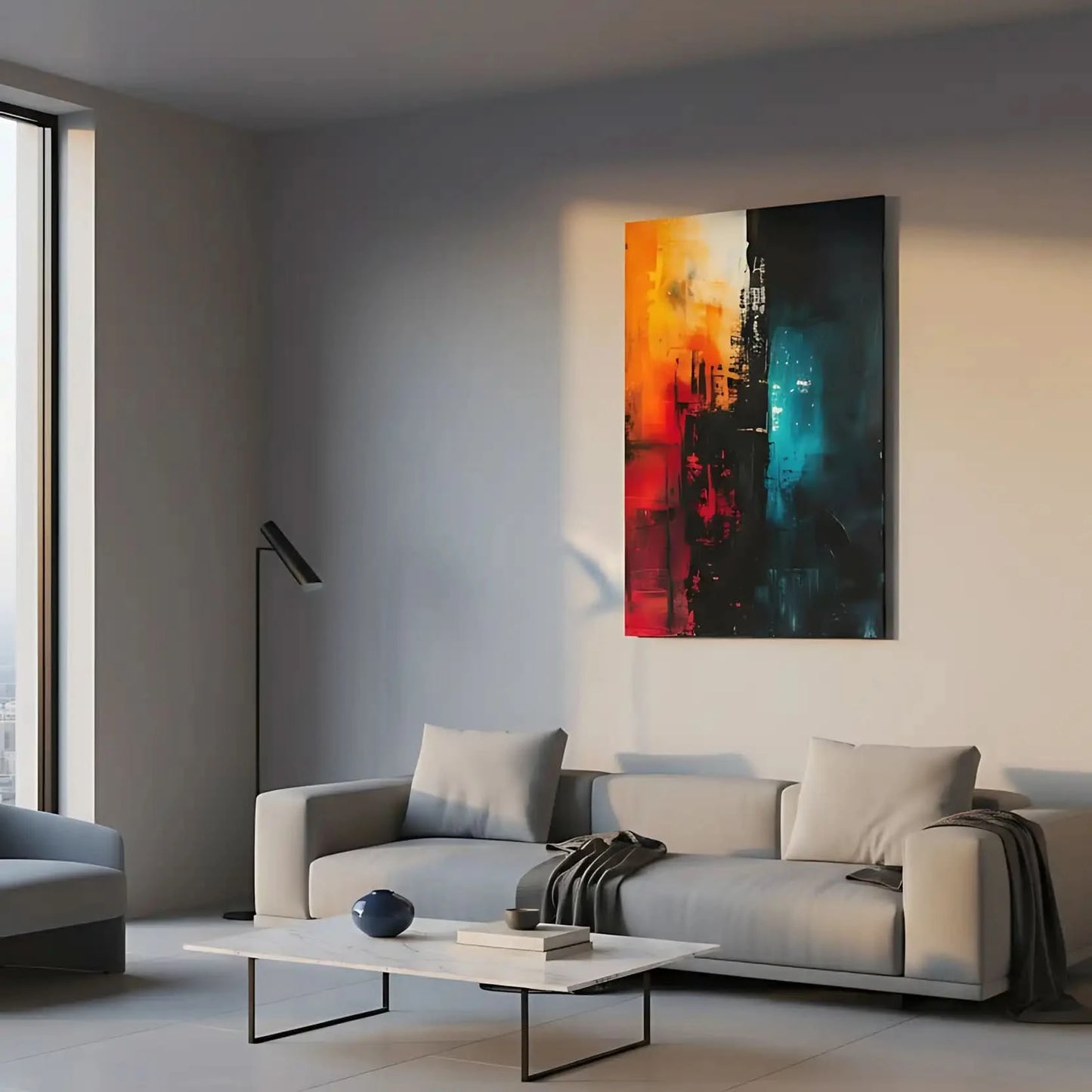Peinture abstraite avec des éclats de couleurs chaudes et froides, créant une ambiance contrastée, idéale pour un salon moderne.