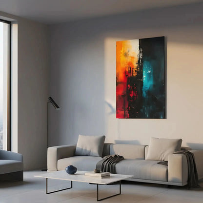 Peinture abstraite avec des éclats de couleurs chaudes et froides, créant une ambiance contrastée, idéale pour un salon moderne.