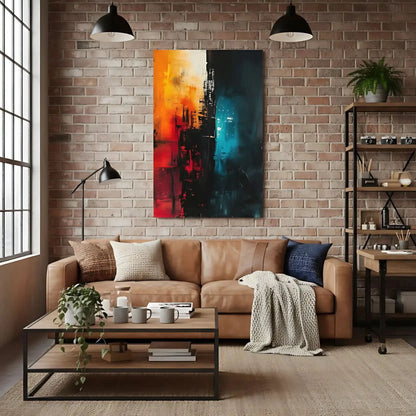 Peinture abstraite avec des éclats de couleurs chaudes et froides, créant une ambiance contrastée, idéale pour un salon moderne.