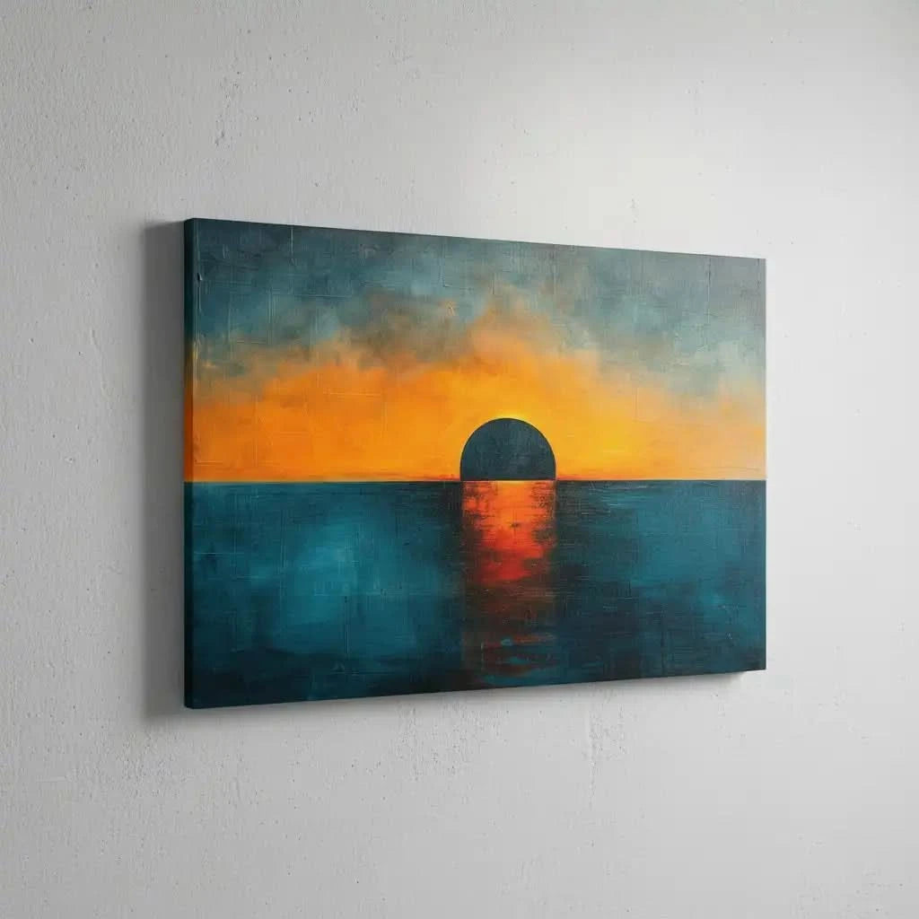 Un coucher de soleil dramatique avec un ciel aux couleurs chaudes, se reflétant sur l'eau calme, parfait pour une chambre ou un salon.