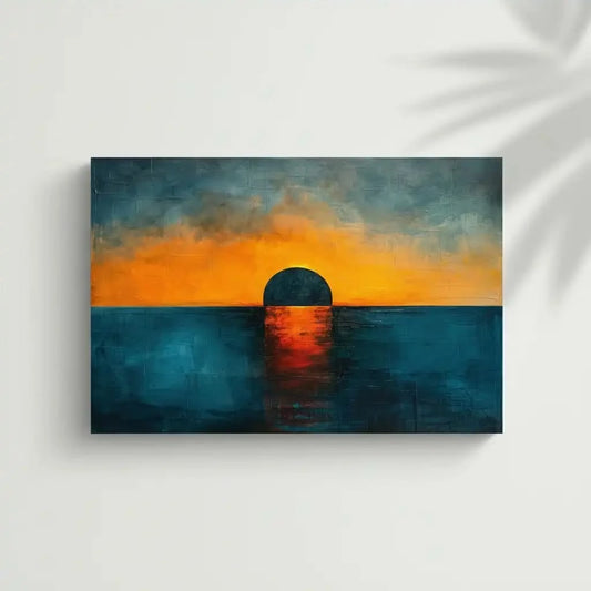 Un coucher de soleil dramatique avec un ciel aux couleurs chaudes, se reflétant sur l'eau calme, parfait pour une chambre ou un salon.