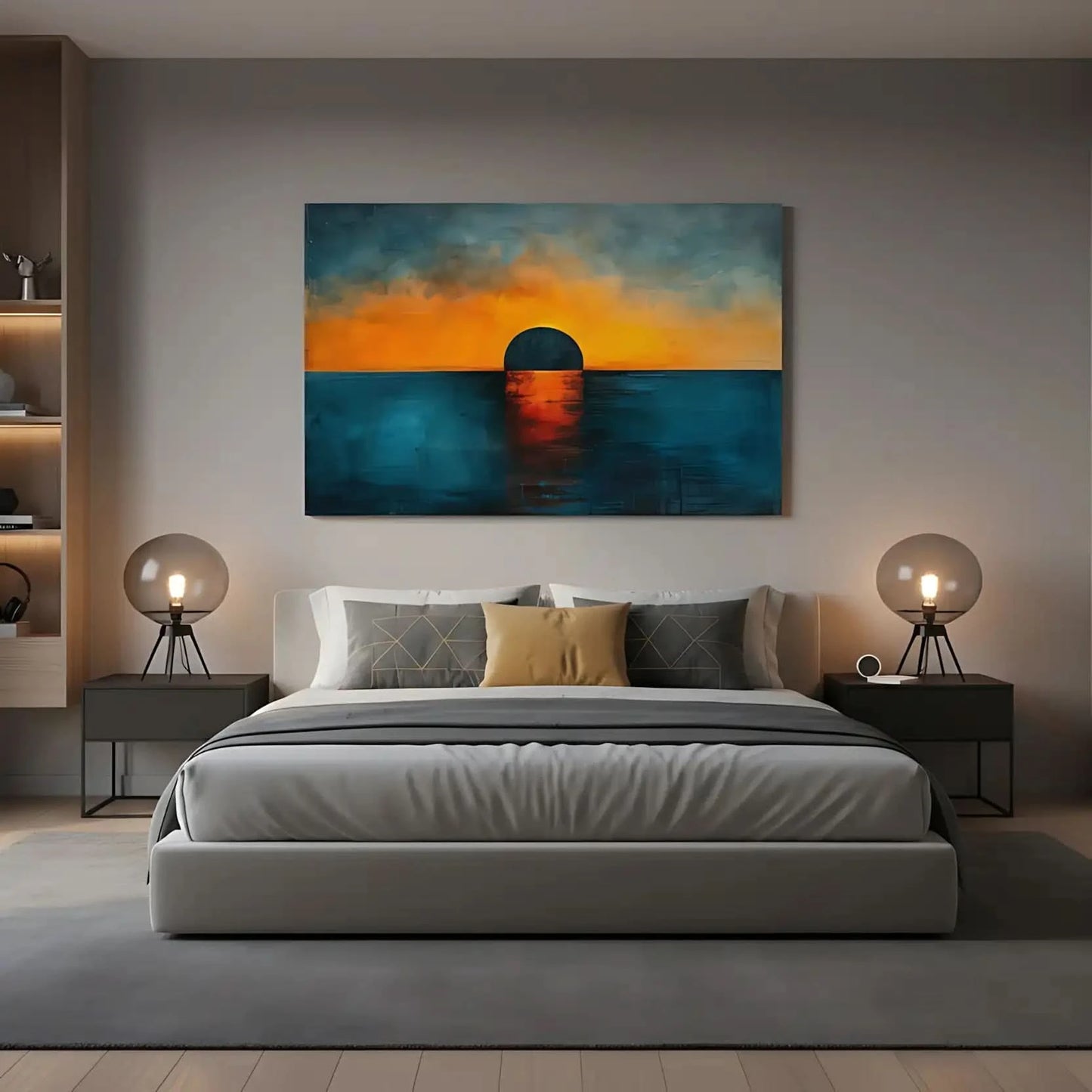 Un coucher de soleil dramatique avec un ciel aux couleurs chaudes, se reflétant sur l'eau calme, parfait pour une chambre ou un salon.