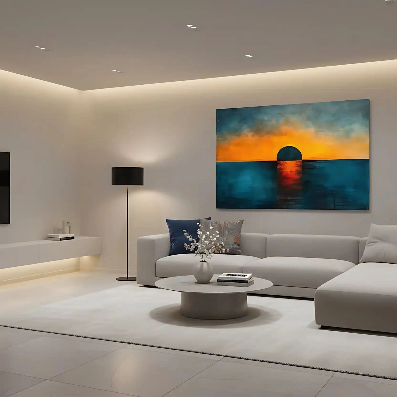 Un coucher de soleil dramatique avec un ciel aux couleurs chaudes, se reflétant sur l'eau calme, parfait pour une chambre ou un salon.