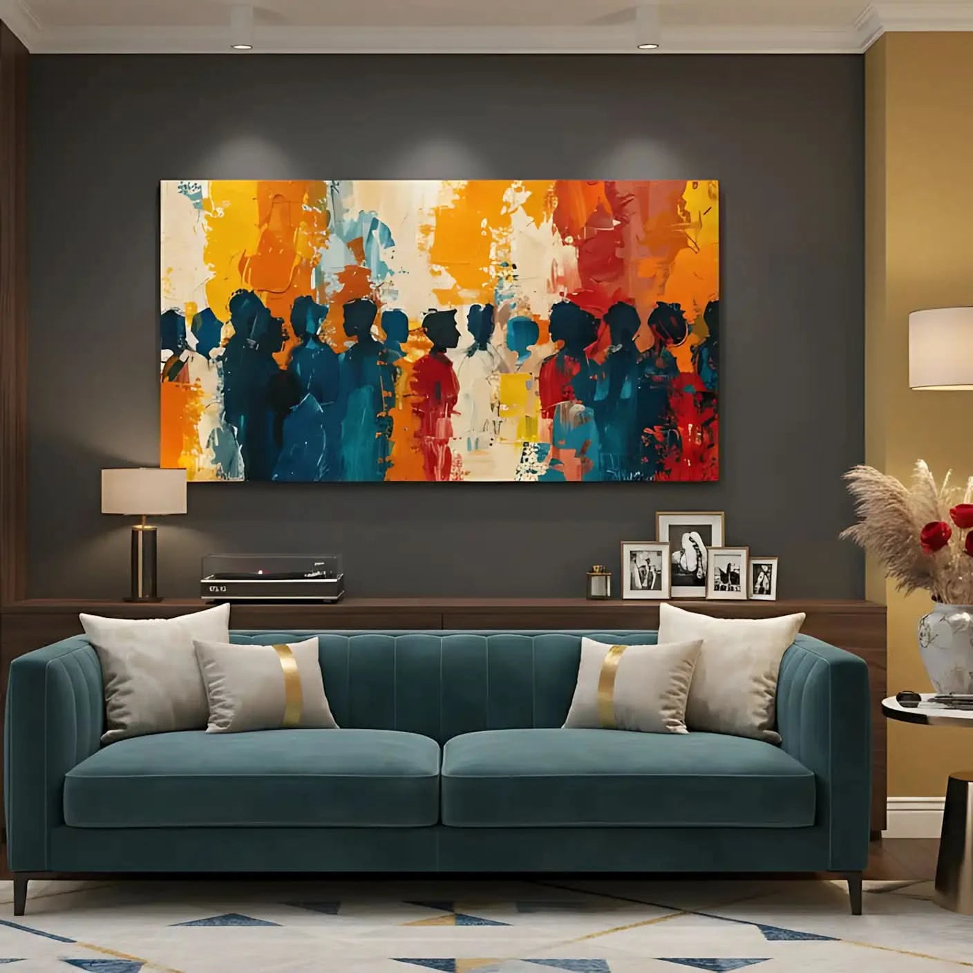 Un groupe de silhouettes colorées dans une explosion de couleurs vives, parfait pour apporter une touche dynamique à votre salon ou bureau.
