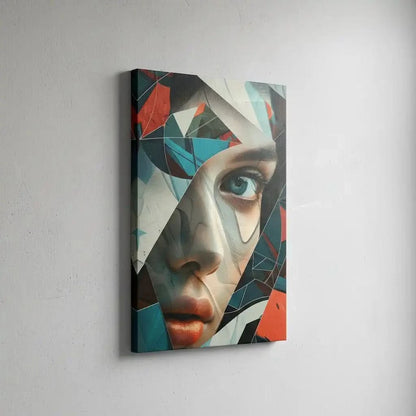 Visage féminin fragmenté en formes abstraites colorées, accentuant un regard mystérieux. Une oeuvre dynamique et colorée, idéale pour un décor moderne.