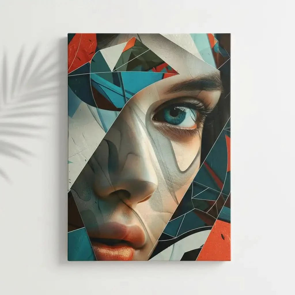Visage féminin fragmenté en formes abstraites colorées, accentuant un regard mystérieux. Une oeuvre dynamique et colorée, idéale pour un décor moderne.