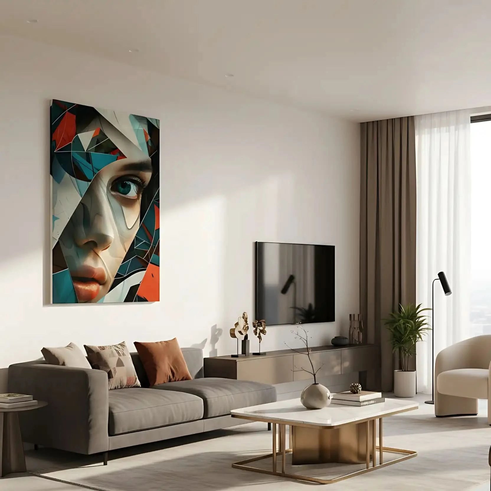 Visage féminin fragmenté en formes abstraites colorées, accentuant un regard mystérieux. Une oeuvre dynamique et colorée, idéale pour un décor moderne.