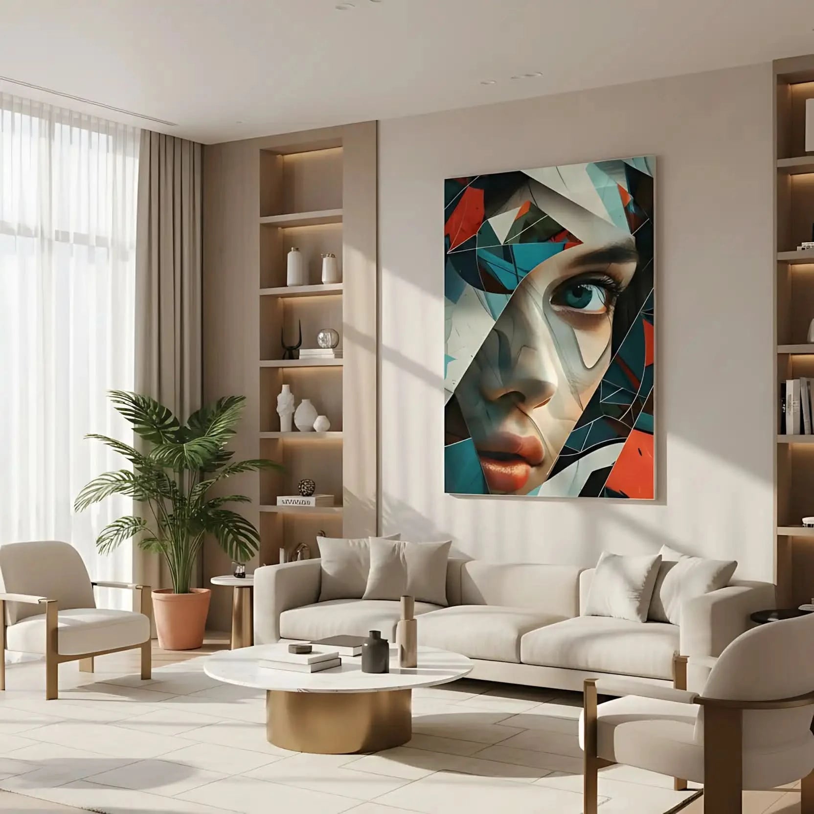 Visage féminin fragmenté en formes abstraites colorées, accentuant un regard mystérieux. Une oeuvre dynamique et colorée, idéale pour un décor moderne.