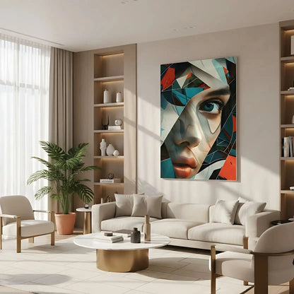 Visage féminin fragmenté en formes abstraites colorées, accentuant un regard mystérieux. Une oeuvre dynamique et colorée, idéale pour un décor moderne.