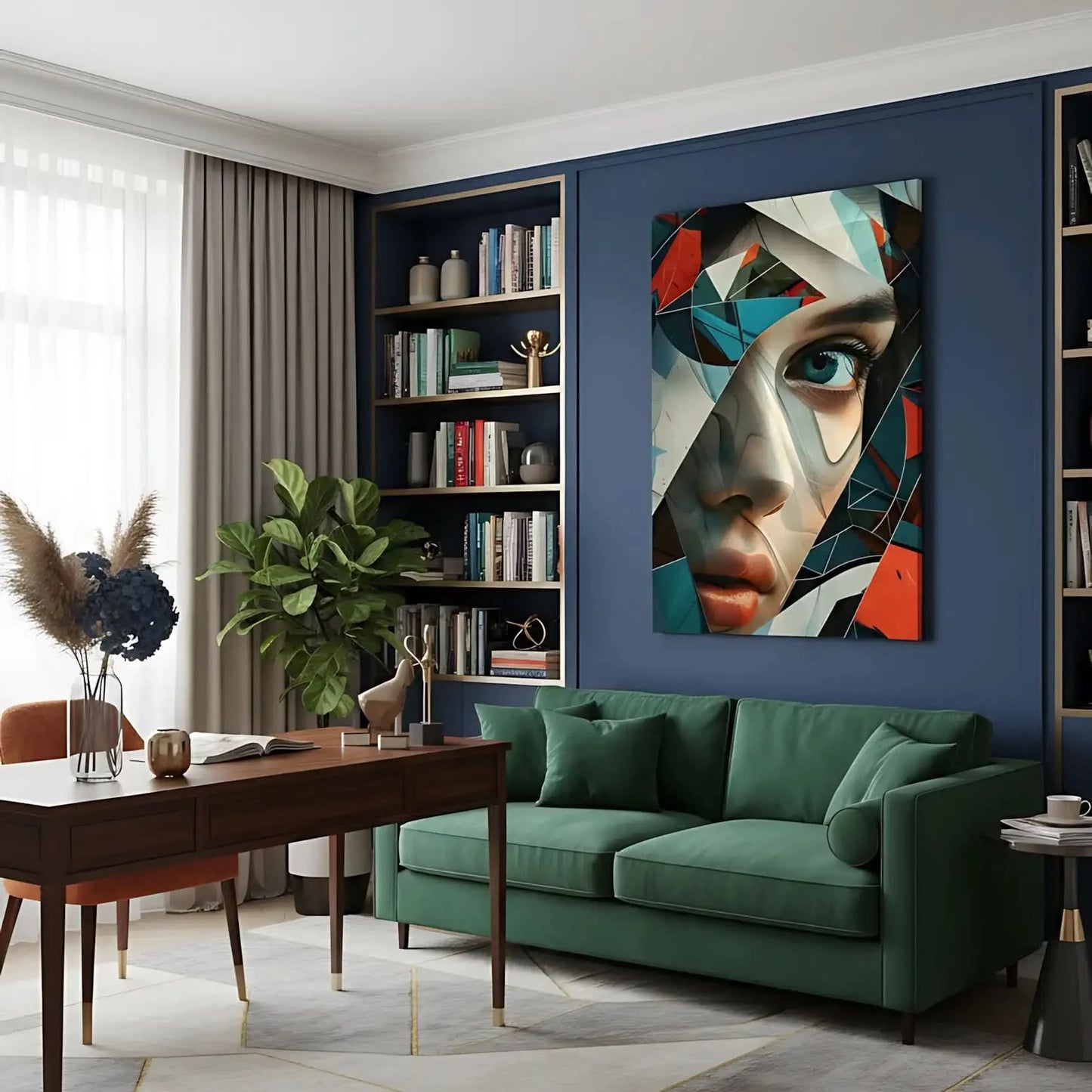 Visage féminin fragmenté en formes abstraites colorées, accentuant un regard mystérieux. Une oeuvre dynamique et colorée, idéale pour un décor moderne.