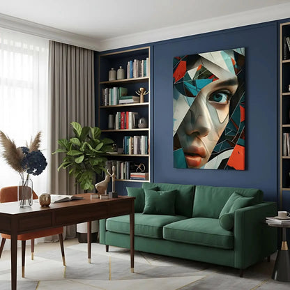 Visage féminin fragmenté en formes abstraites colorées, accentuant un regard mystérieux. Une oeuvre dynamique et colorée, idéale pour un décor moderne.