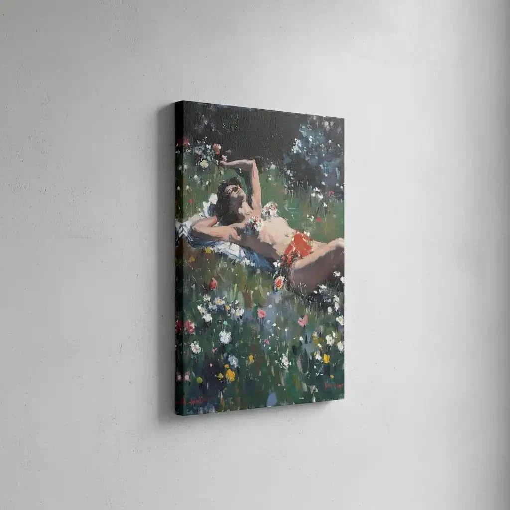 Peinture d'une femme se relaxant au soleil parmi des fleurs colorées, idéale pour une ambiance de détente dans un salon ou chambre.
