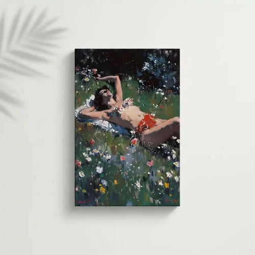 Peinture d'une femme se relaxant au soleil parmi des fleurs colorées, idéale pour une ambiance de détente dans un salon ou chambre.