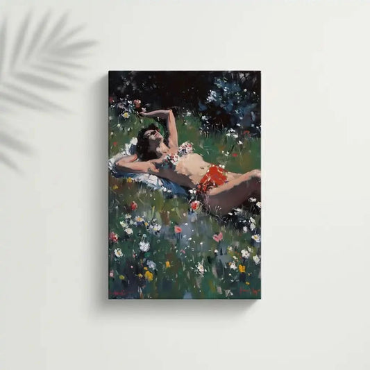 Peinture d'une femme se relaxant au soleil parmi des fleurs colorées, idéale pour une ambiance de détente dans un salon ou chambre.