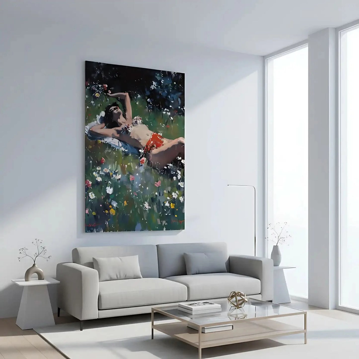 Peinture d'une femme se relaxant au soleil parmi des fleurs colorées, idéale pour une ambiance de détente dans un salon ou chambre.