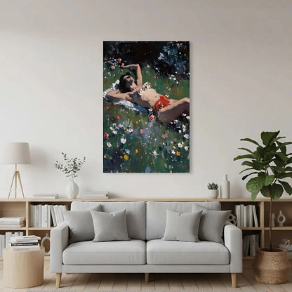 Peinture d'une femme se relaxant au soleil parmi des fleurs colorées, idéale pour une ambiance de détente dans un salon ou chambre.