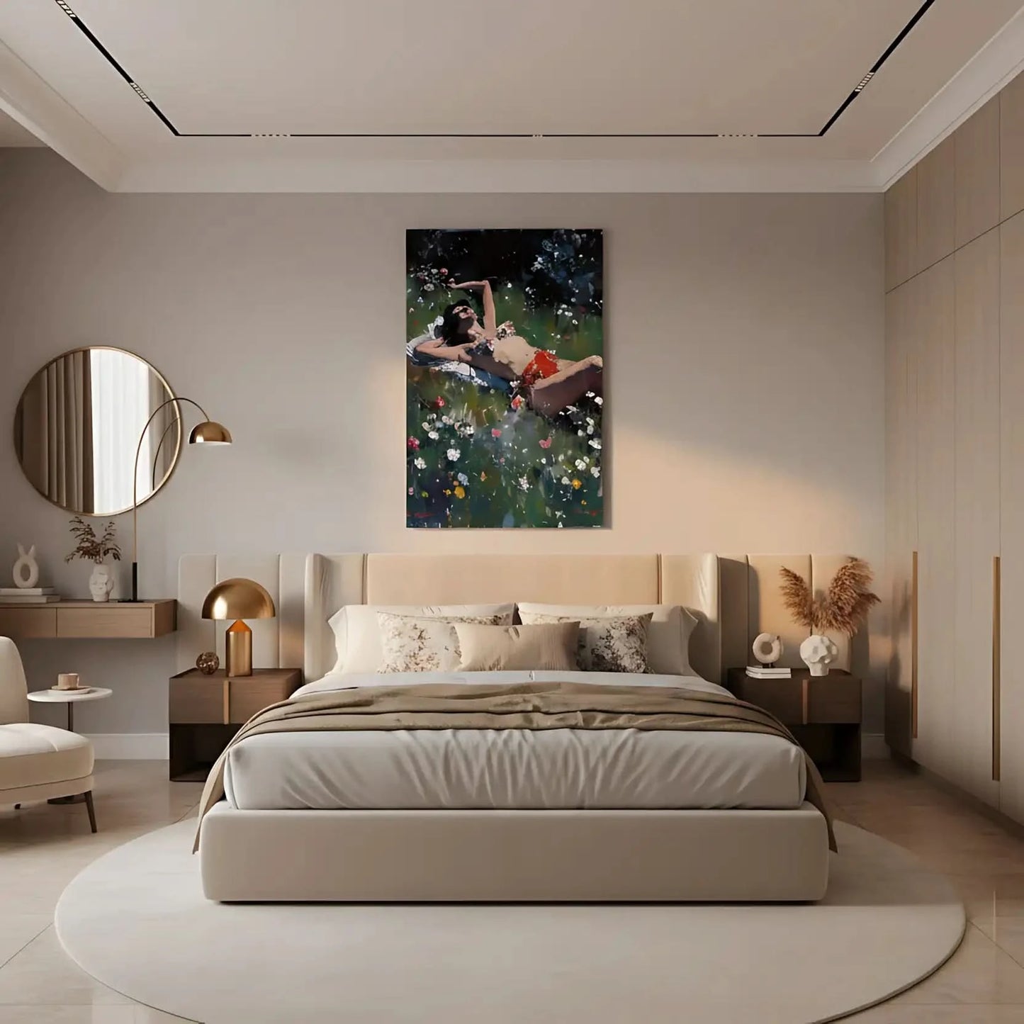 Peinture d'une femme se relaxant au soleil parmi des fleurs colorées, idéale pour une ambiance de détente dans un salon ou chambre.