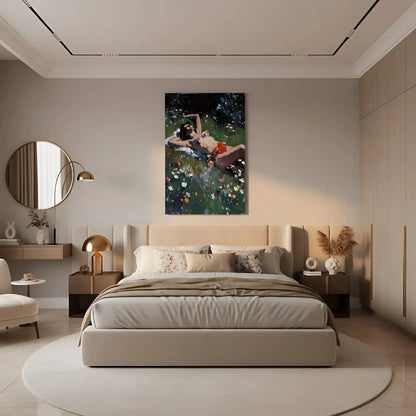 Peinture d'une femme se relaxant au soleil parmi des fleurs colorées, idéale pour une ambiance de détente dans un salon ou chambre.