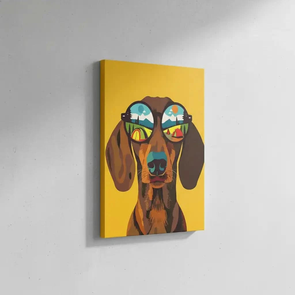 Illustration d'un chien portant des lunettes de soleil, avec des paysages colorés dans les lentilles, idéale pour une chambre enfantine.