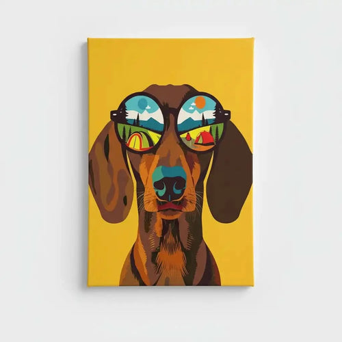 Illustration d'un chien portant des lunettes de soleil, avec des paysages colorés dans les lentilles, idéale pour une chambre enfantine.