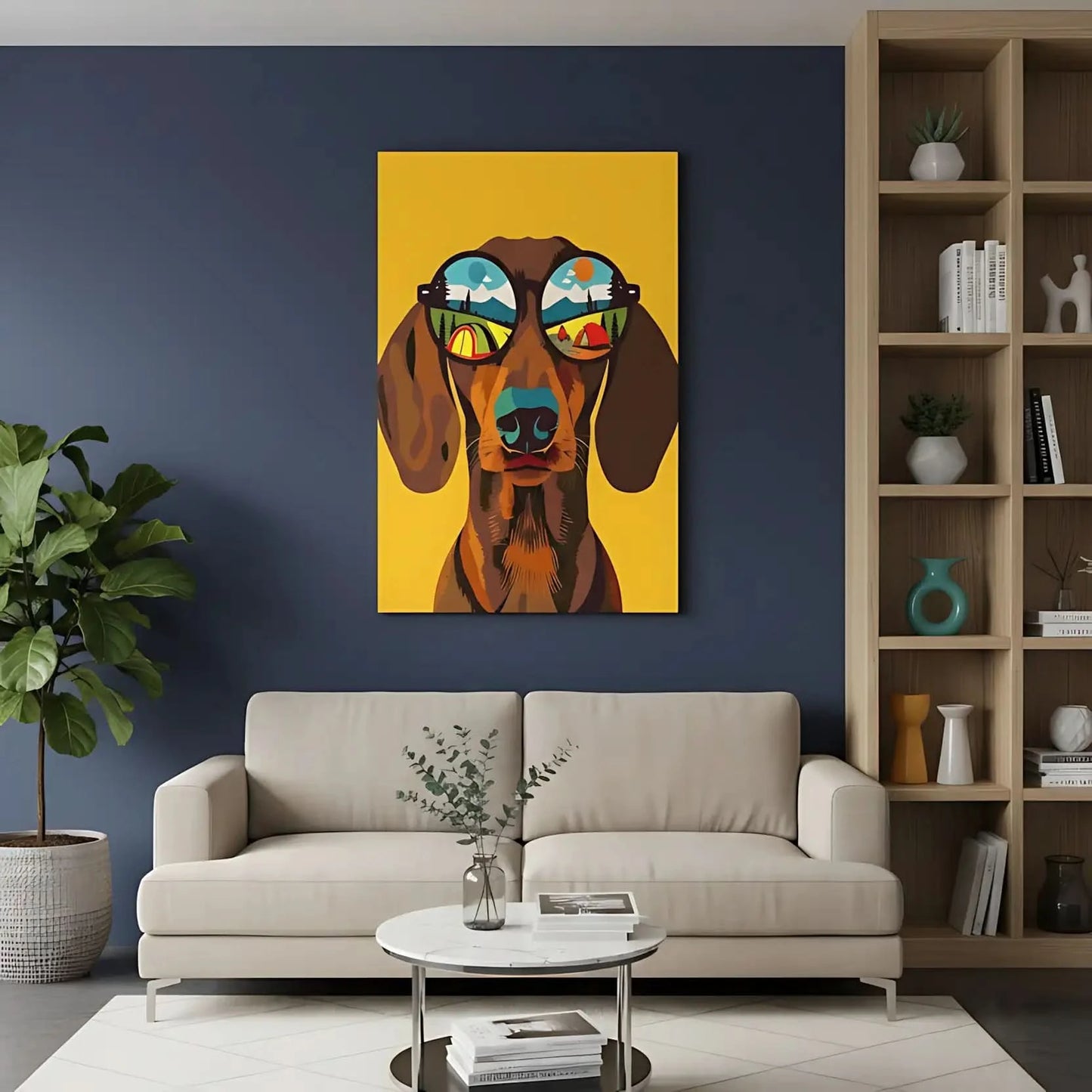 Illustration d'un chien portant des lunettes de soleil, avec des paysages colorés dans les lentilles, idéale pour une chambre enfantine.