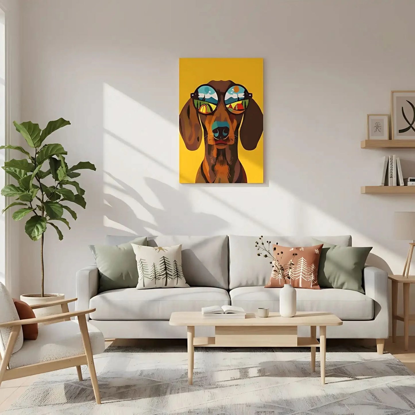 Illustration d'un chien portant des lunettes de soleil, avec des paysages colorés dans les lentilles, idéale pour une chambre enfantine.