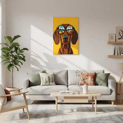 Illustration d'un chien portant des lunettes de soleil, avec des paysages colorés dans les lentilles, idéale pour une chambre enfantine.