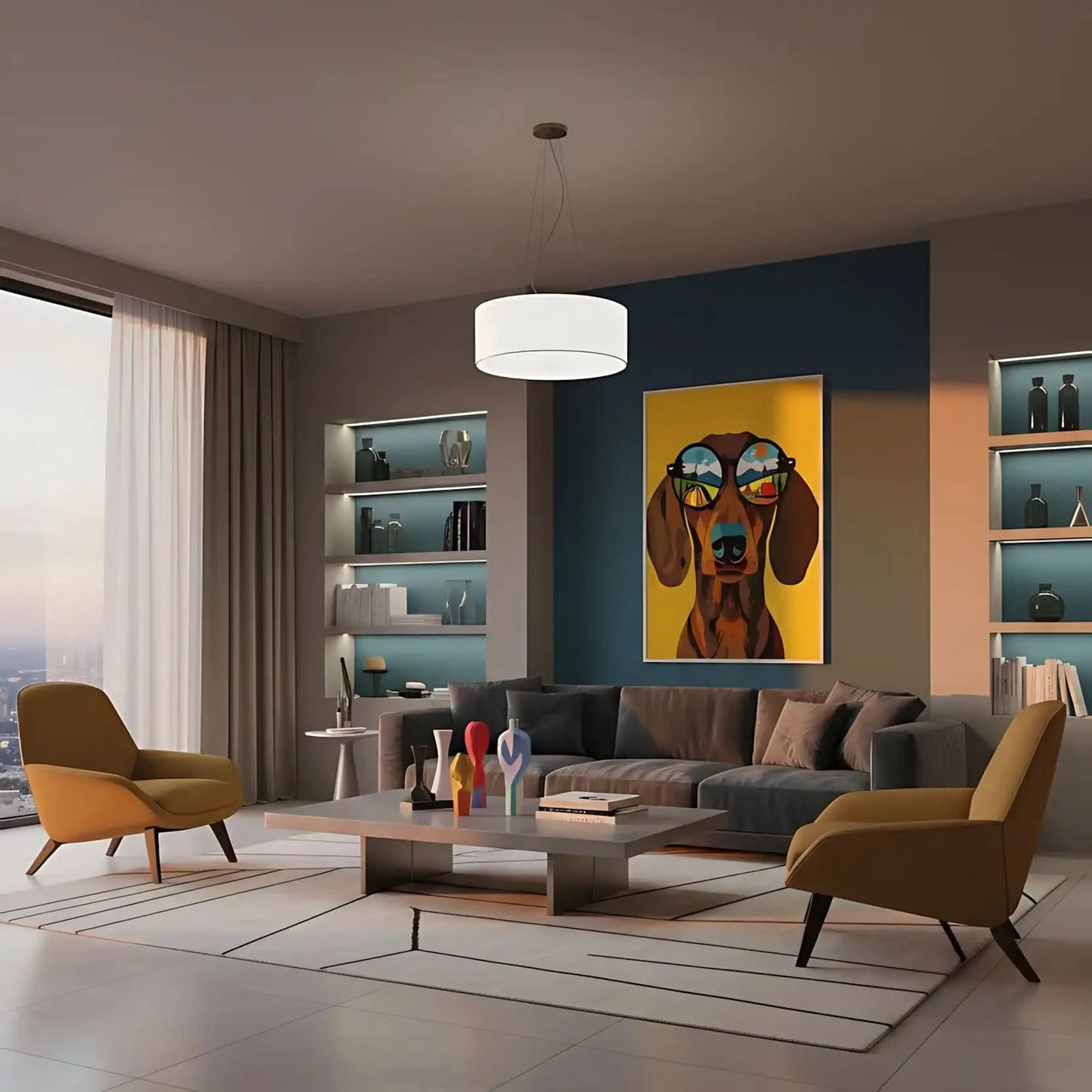 Illustration d'un chien portant des lunettes de soleil, avec des paysages colorés dans les lentilles, idéale pour une chambre enfantine.