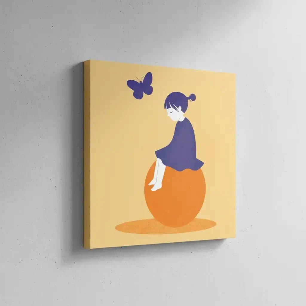 Illustration d'une enfant sereine et de papillons flottants, ajoutant une touche de calme et de légèreté à l'espace.