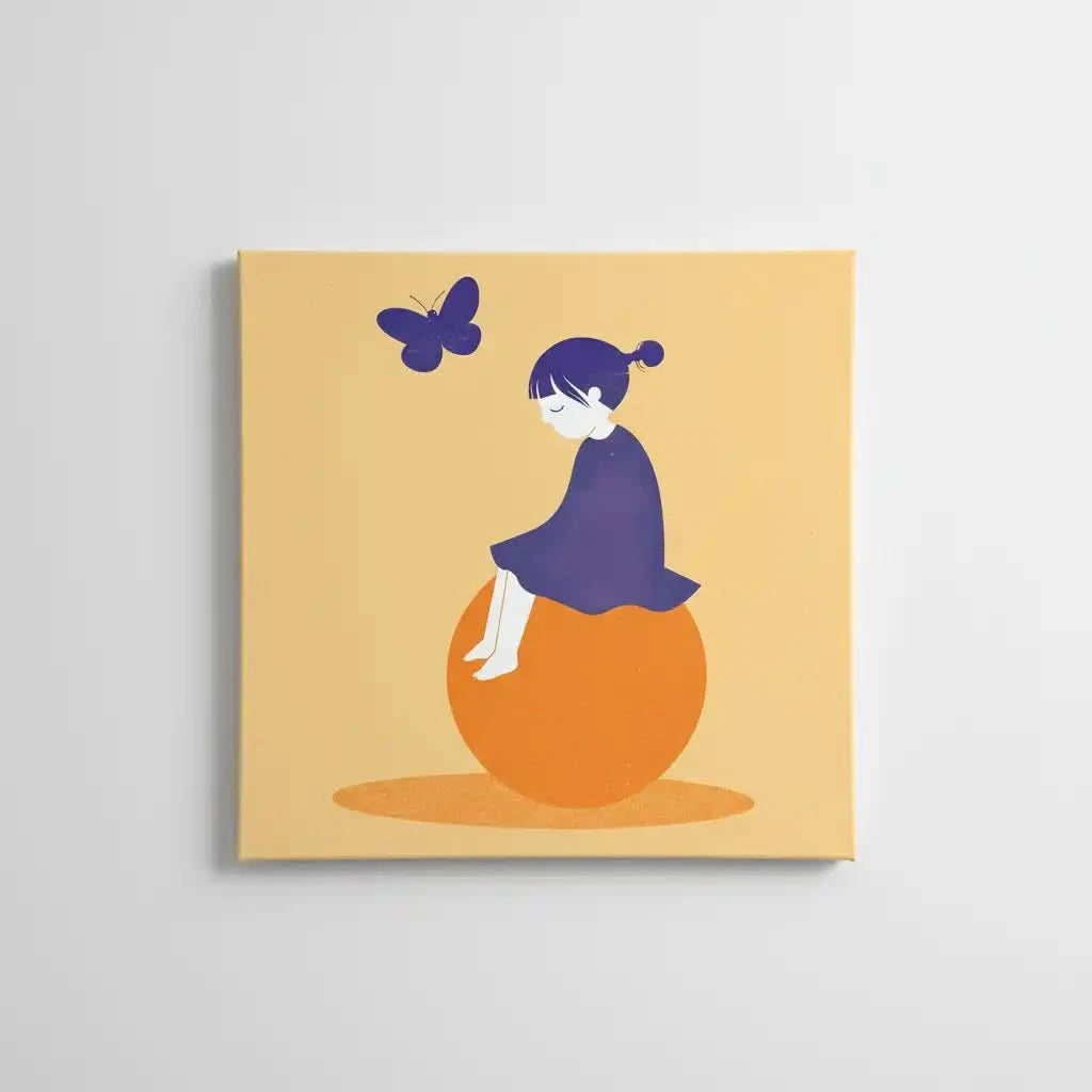 Illustration d'une enfant sereine et de papillons flottants, ajoutant une touche de calme et de légèreté à l'espace.