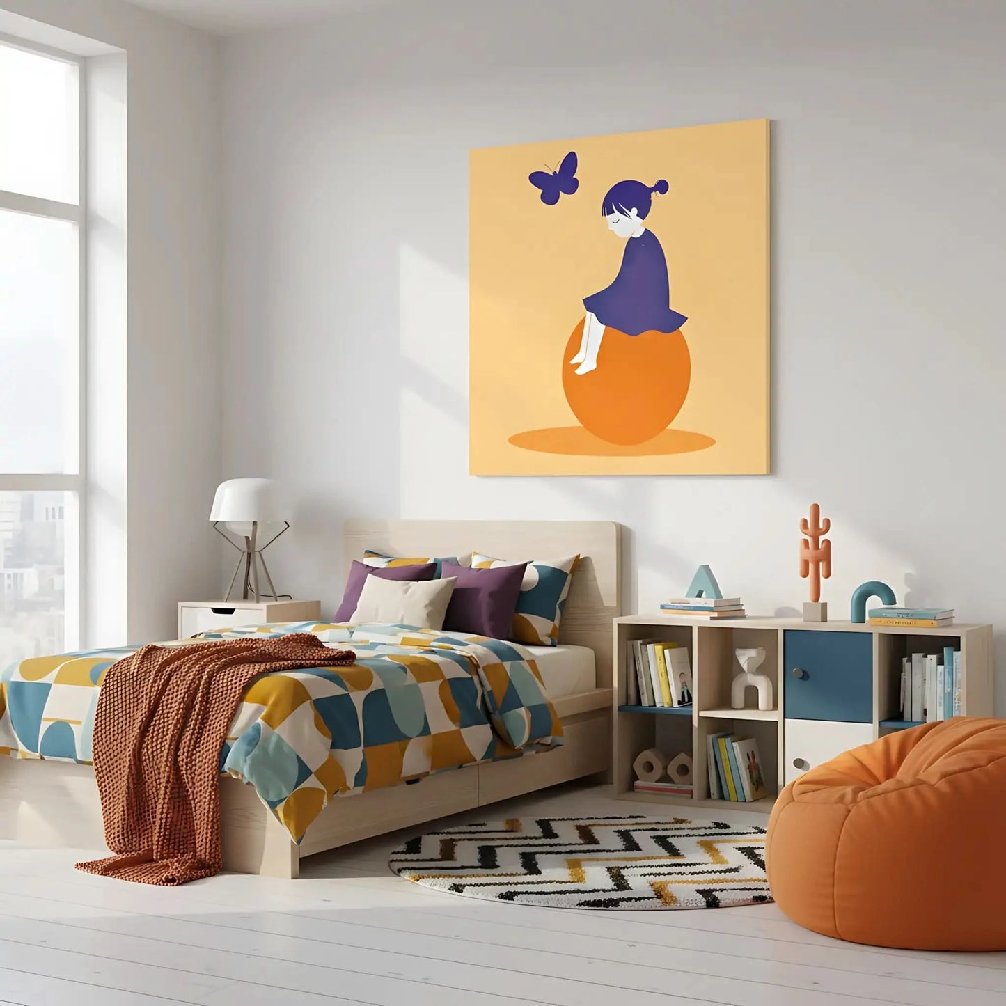 Illustration d'une enfant sereine et de papillons flottants, ajoutant une touche de calme et de légèreté à l'espace.