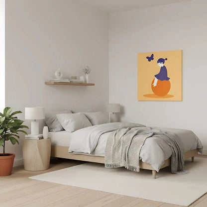 Illustration d'une enfant sereine et de papillons flottants, ajoutant une touche de calme et de légèreté à l'espace.