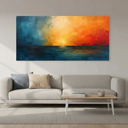 Une mer calme baignée par des couleurs chaudes et apaisantes, idéale pour créer une ambiance sereine dans votre salon ou chambre.