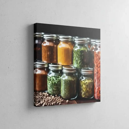 Bocaux en verre avec épices colorées, nuances de jaune, vert et rouge, ambiance chaleureuse pour cuisine ou espace de restaurant.