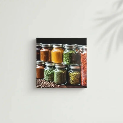 Bocaux en verre avec épices colorées, nuances de jaune, vert et rouge, ambiance chaleureuse pour cuisine ou espace de restaurant.