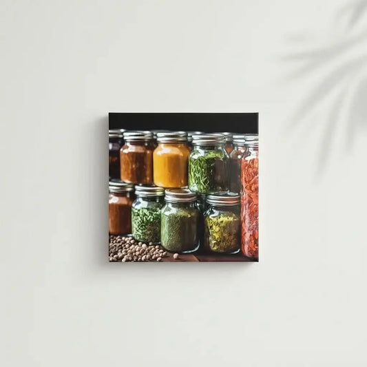 Bocaux en verre avec épices colorées, nuances de jaune, vert et rouge, ambiance chaleureuse pour cuisine ou espace de restaurant.