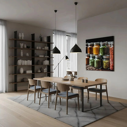 Bocaux en verre avec épices colorées, nuances de jaune, vert et rouge, ambiance chaleureuse pour cuisine ou espace de restaurant.