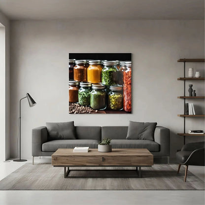 Bocaux en verre avec épices colorées, nuances de jaune, vert et rouge, ambiance chaleureuse pour cuisine ou espace de restaurant.