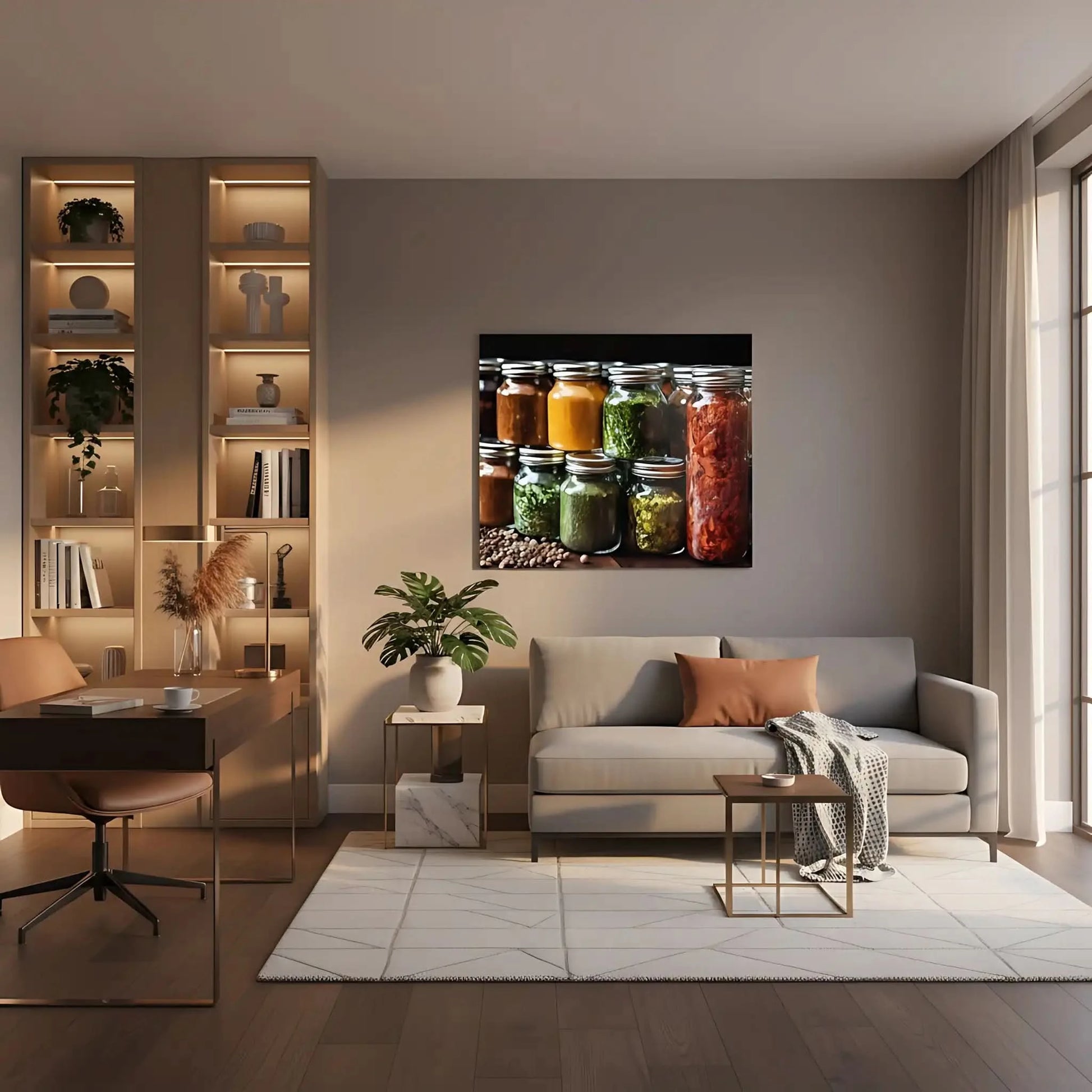 Bocaux en verre avec épices colorées, nuances de jaune, vert et rouge, ambiance chaleureuse pour cuisine ou espace de restaurant.