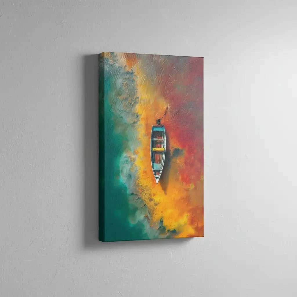 Vue aérienne d'une barque naviguant sur une eau vibrante, où les couleurs vives se mêlent pour créer une scène féerique, idéale pour salon.