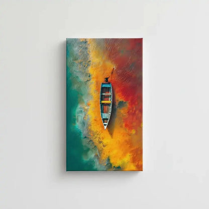 Vue aérienne d'une barque naviguant sur une eau vibrante, où les couleurs vives se mêlent pour créer une scène féerique, idéale pour salon.