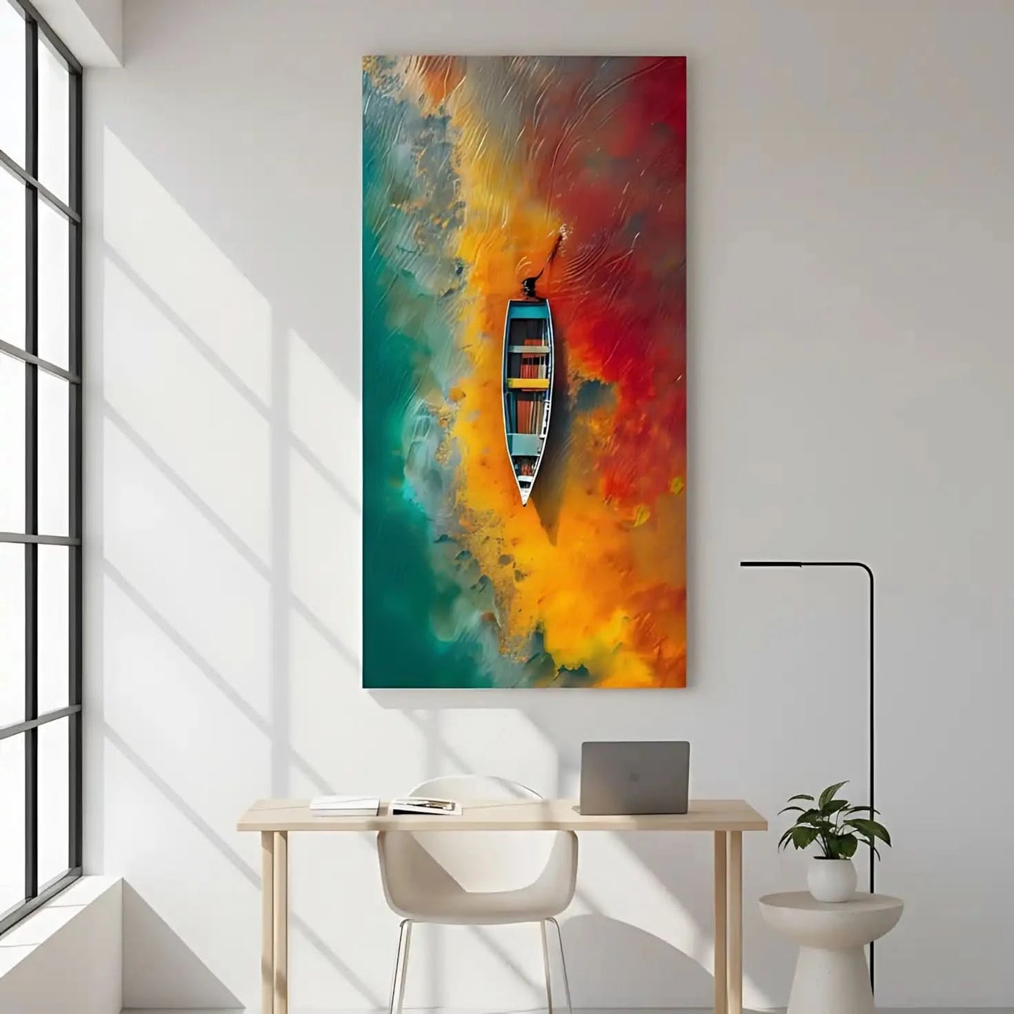 Vue aérienne d'une barque naviguant sur une eau vibrante, où les couleurs vives se mêlent pour créer une scène féerique, idéale pour salon.