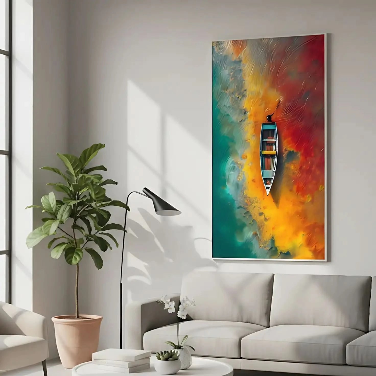 Vue aérienne d'une barque naviguant sur une eau vibrante, où les couleurs vives se mêlent pour créer une scène féerique, idéale pour salon.