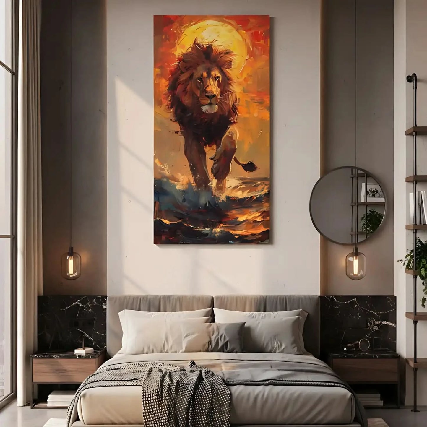 Un lion majestueux marchant sous un soleil éclatant, dans une mer animée, créant une scène pleine de force et couleur, idéale pour salon.