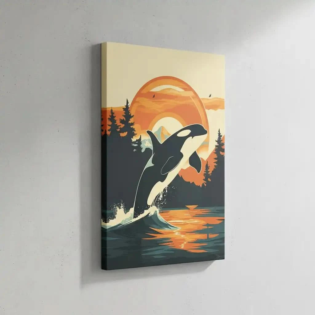 Illustration d'une orque sautant au-dessus de l'eau avec un coucher de soleil vibrant en arrière-plan, idéale pour une chambre ou salon.