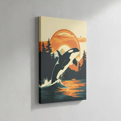 Illustration d'une orque sautant au-dessus de l'eau avec un coucher de soleil vibrant en arrière-plan, idéale pour une chambre ou salon.