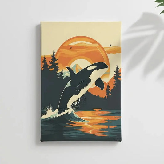 Illustration d'une orque sautant au-dessus de l'eau avec un coucher de soleil vibrant en arrière-plan, idéale pour une chambre ou salon.