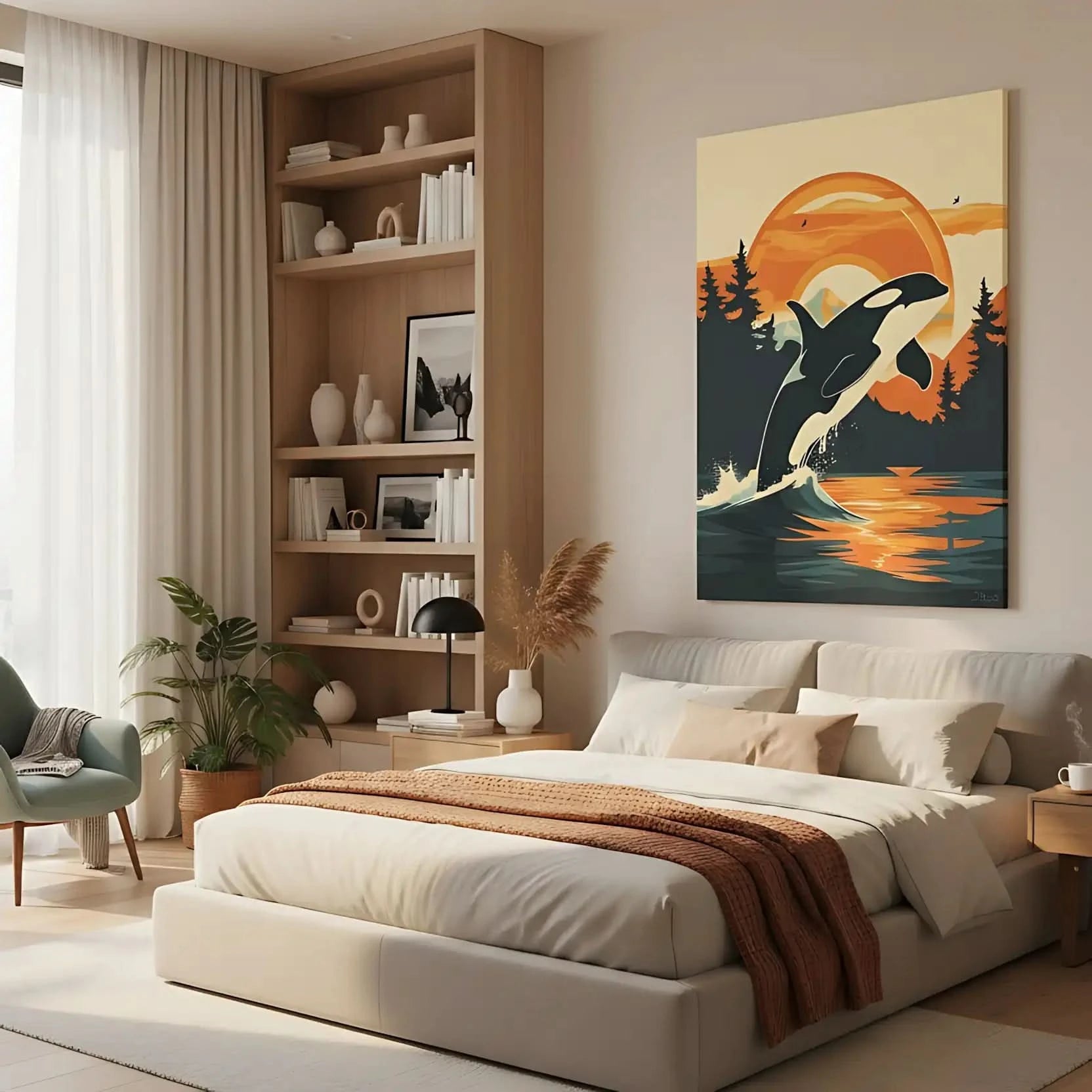 Illustration d'une orque sautant au-dessus de l'eau avec un coucher de soleil vibrant en arrière-plan, idéale pour une chambre ou salon.