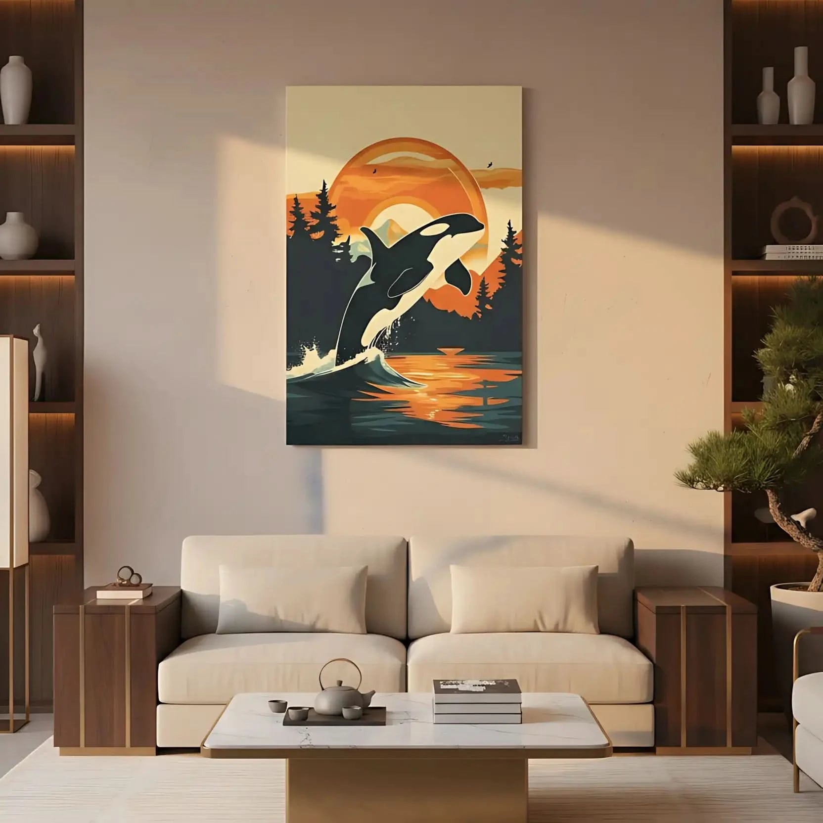 Illustration d'une orque sautant au-dessus de l'eau avec un coucher de soleil vibrant en arrière-plan, idéale pour une chambre ou salon.